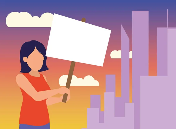 Protesta mujer con pancarta en diseño de vectores de ciudad — Vector de stock