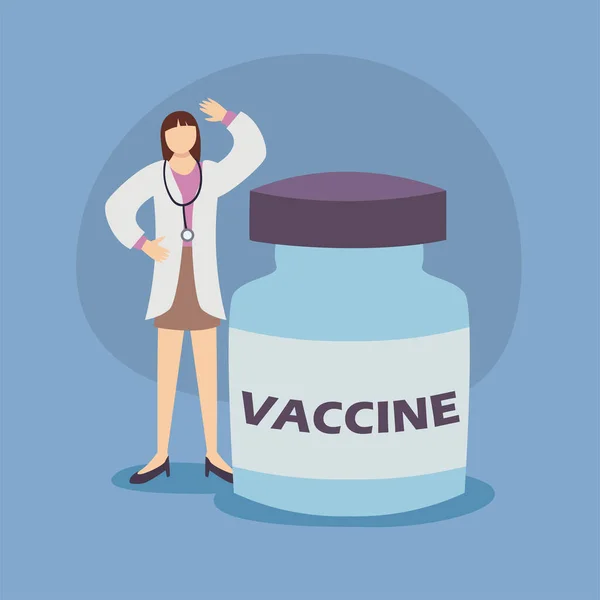 Lekarz kobieta z covid 19 wirus szczepionka jar wektor projekt — Wektor stockowy