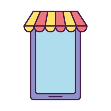 Alışveriş çadırı olan akıllı telefon, düz stil.