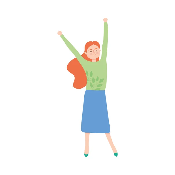 Lycklig kvinna stående med armarna upp, färgglad design — Stock vektor