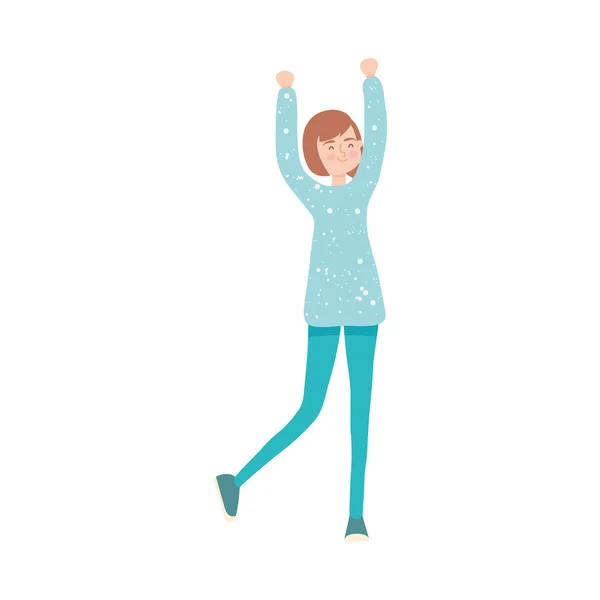 Kreslený šťastný žena s pažemi nahoru, barevný design — Stockový vektor