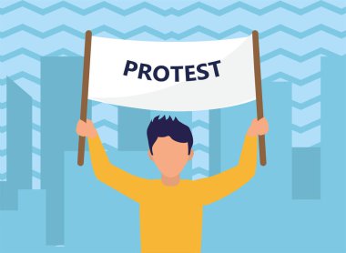Şehir vektör tasarımında pankartı olan protestocu