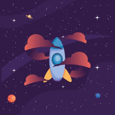 Bulutlu uzay roketi ve gezegenlerin vektör tasarımı