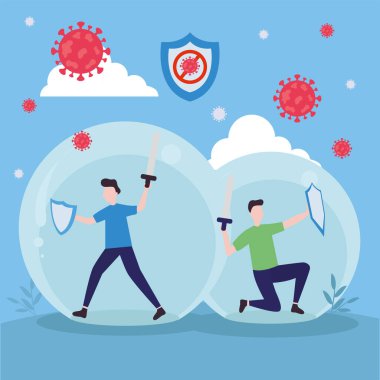 covid 19 virüs savaşı ve küresel vektör tasarımında kalkanları olan adamlar.