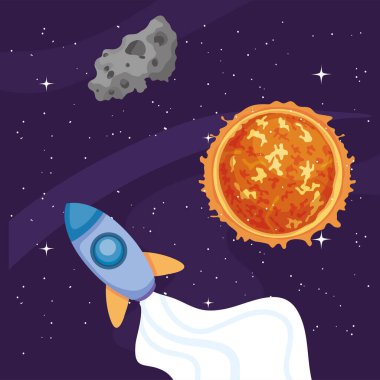 Uzay roketi güneşi ve asteroid vektör tasarımı