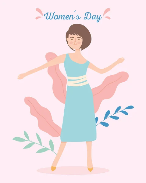 Frauentag-Design mit schöner Frau und tropischen Blättern, buntes Design — Stockvektor