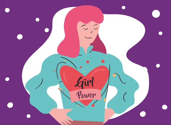 Menina poder mulher desenhos animados com design de vetor de coração —  Vetores de Stock