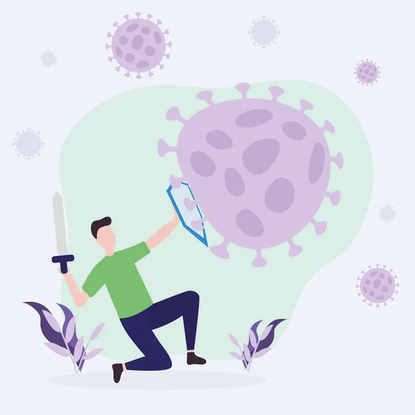 Covid 19 virus fight and man with shield and sword fighting vector design — Stock Vector