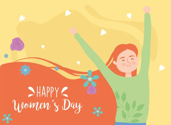 Glücklicher Frauentag rote Haare Mädchen Karikatur mit Händen nach oben Vektor-Design — Stockvektor