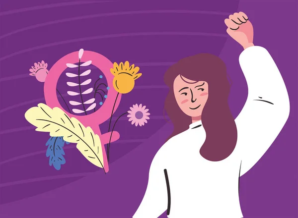 Meisje macht vrouw cartoon met vuist omhoog vrouwelijk geslacht en bloemen vector ontwerp — Stockvector