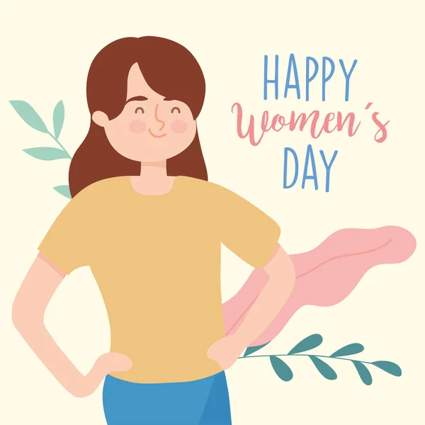 Happy Women Day Design mit Cartoon-Frau stehend, buntes Design — Stockvektor
