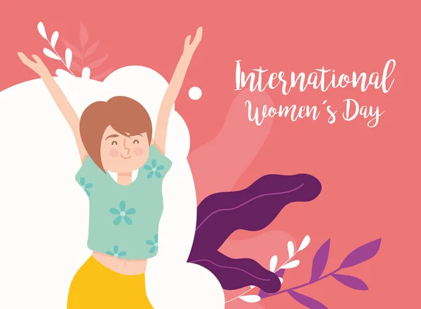 Internationaler Frauentag Mädchen Karikatur mit Händen nach oben Vektor-Design — Stockvektor