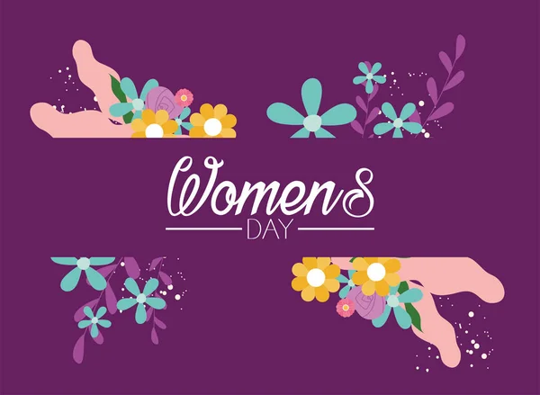 Día de la mujer con flores en el diseño del vector de fondo púrpura — Vector de stock