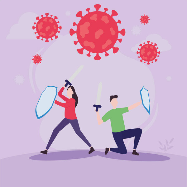covid 19 вирус бороться женщина и мужчина со щитами векторной конструкции