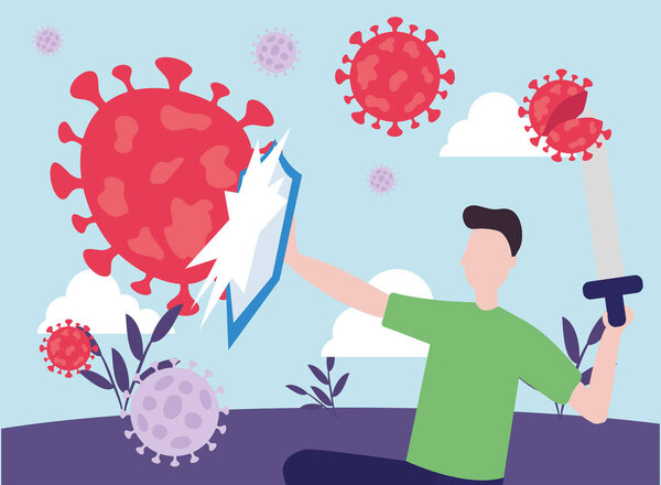 covid 19 вирус борьбы и человек со щитом и мечом внешнего векторного дизайна