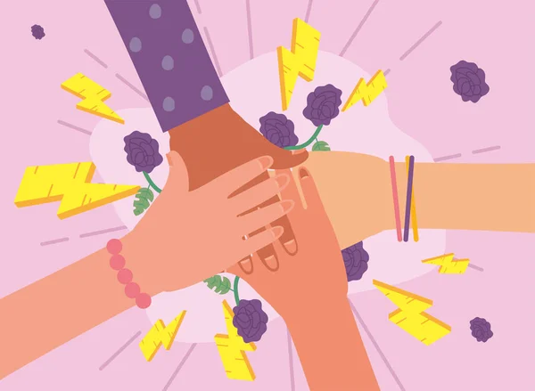Chica poder manos apoyo con truenos y flores vector de diseño — Vector de stock