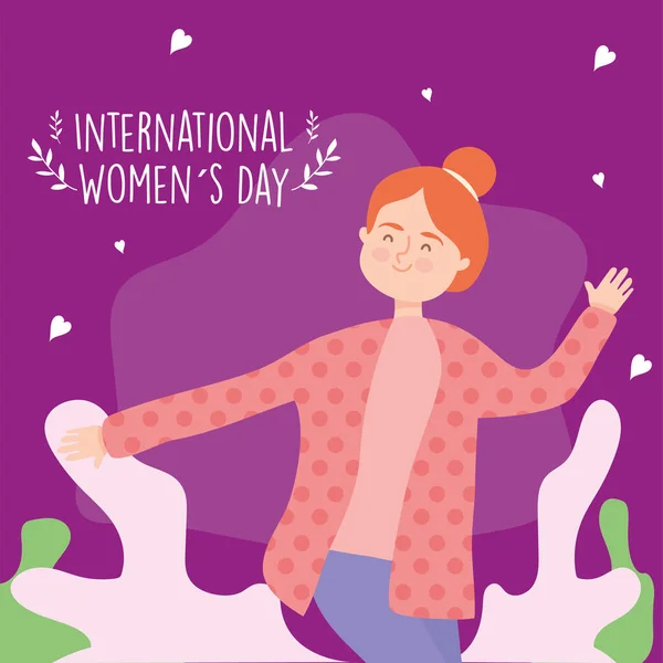 Día Internacional de la Mujer niña de dibujos animados con hojas y corazones diseño de vectores — Vector de stock
