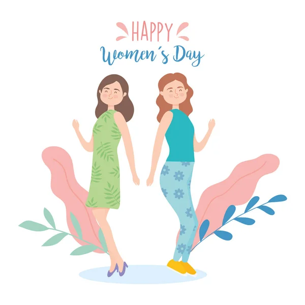 Happy Women Day Design mit Cartoon-Frauen und bunten Blättern — Stockvektor