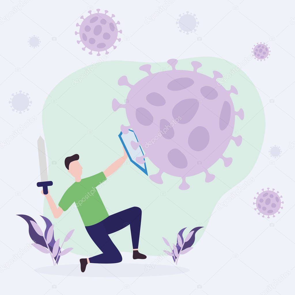 covid 19 virus fight and man with shield and sword fighting vector design