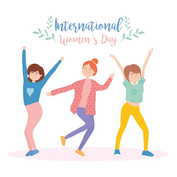 Internationaler Frauentag mit niedlichen und fröhlichen tanzenden Frauen, farbenfrohes Design — Stockvektor