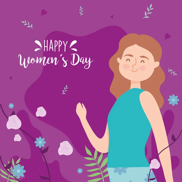 Feliz día de la mujer niña de dibujos animados con flores azules vector de diseño — Vector de stock