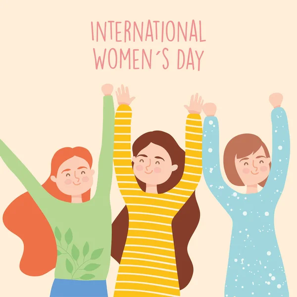Internationaler Frauentag mit fröhlichen Frauen mit erhobenen Armen, farbenfrohem Design — Stockvektor