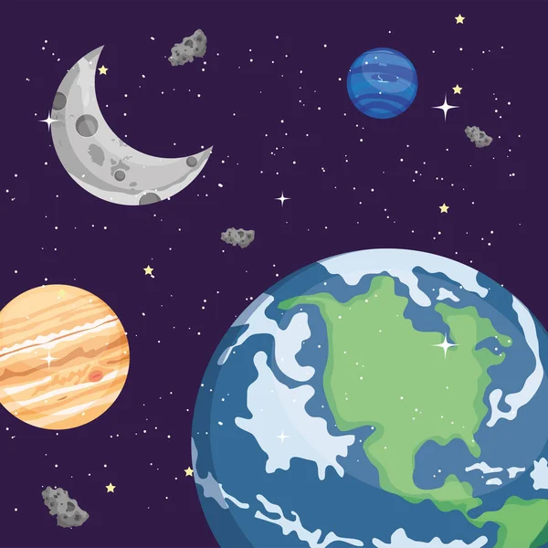 Pianeti del mondo della terra spaziale e progettazione vettoriale della luna — Vettoriale Stock