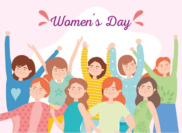 Femmes jour filles dessins animés avec les mains vers le haut conception vectorielle — Image vectorielle
