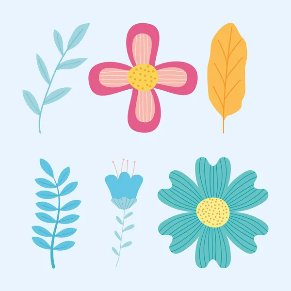 Symbolset aus Blättern und Blumen, buntes Design — Stockvektor