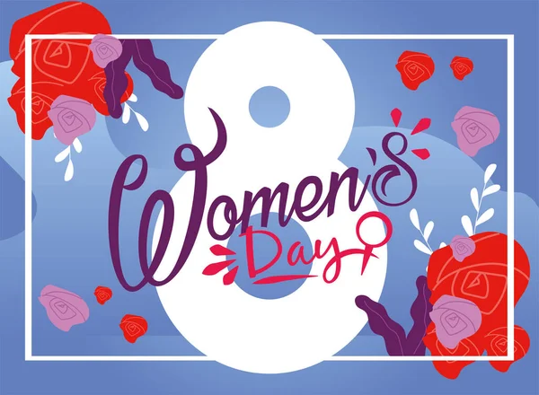 Womens day eight march with roses on blue background vector design — Stock Vector