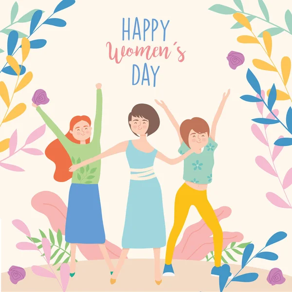 Feliz día de las mujeres niñas dibujos animados con las manos arriba diseño de vectores — Vector de stock