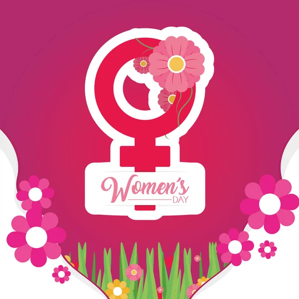 Womens day with pink flowers on female gender vector design — Stock Vector