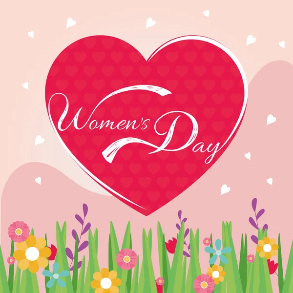 Womens day in heart with flowers and leaves vector design — Stock Vector