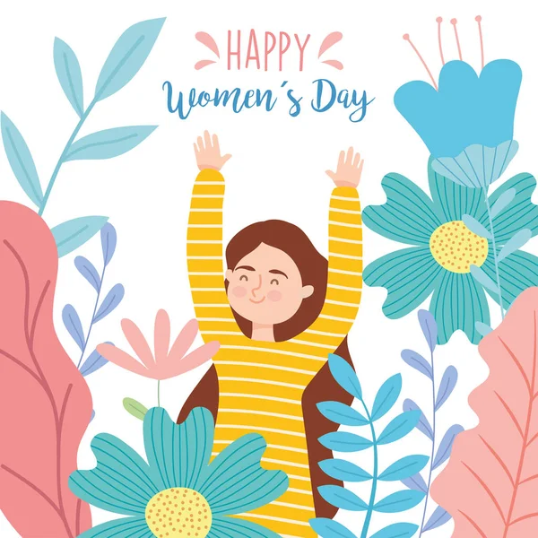 Happy Women Day Design mit glücklichen Mädchen und Blumen herum, buntes Design — Stockvektor