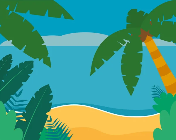 Strand Hintergrund mit tropischen Blättern und Palmen — Stockvektor