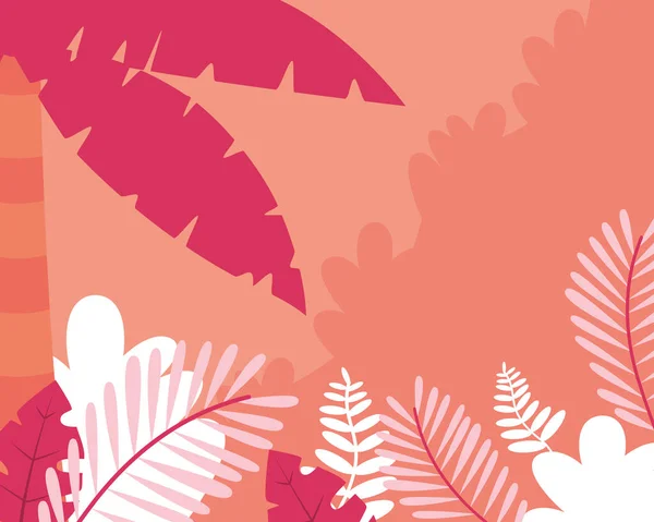 オレンジの背景に白とピンクの熱帯の葉 — ストックベクタ