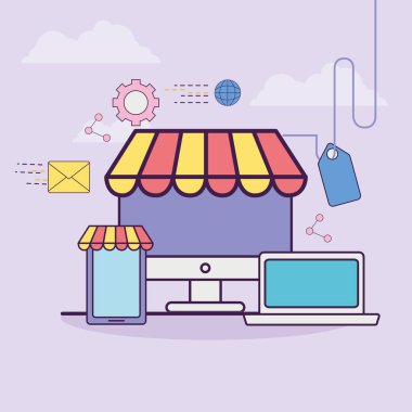 Dijital pazarlama bilgisayarı ve akıllı telefon vektör tasarımı