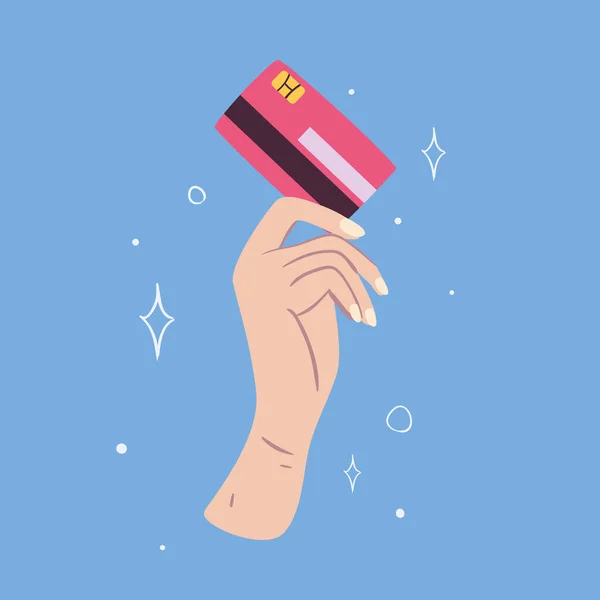 Hand hält rote Kreditkarte auf blauem Hintergrund Vektor-Design — Stockvektor