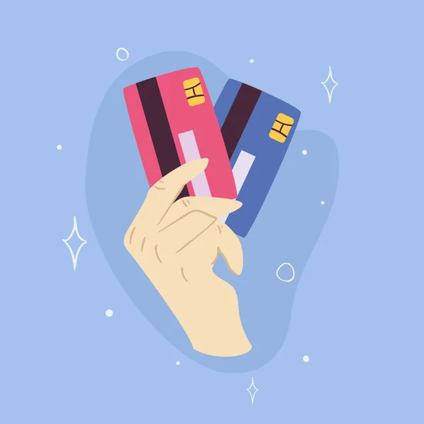 Hand hält Kreditkarten auf blauem Hintergrund Vektor-Design — Stockvektor