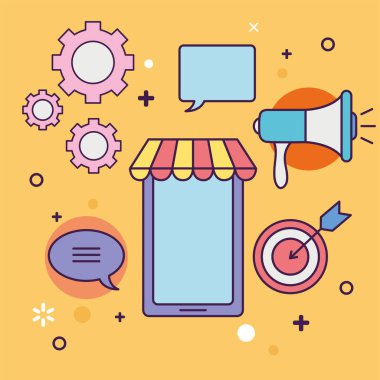 Simge vektör tasarımlı dijital pazarlama akıllı telefonu