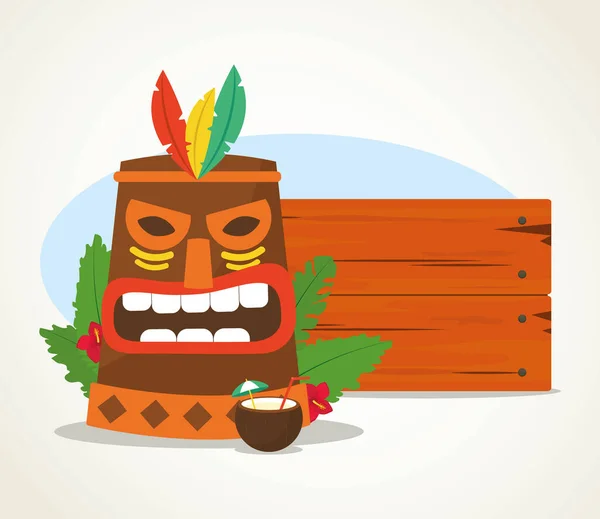 Hawaiian tiki masker en houten plank, kleurrijk ontwerp — Stockvector