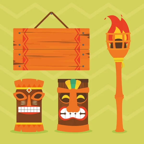 Maschere tiki e set di icone hawaiane, design colorato — Vettoriale Stock