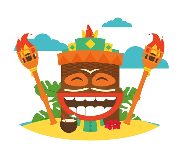 Hawaiano tiki maschera e torcia intorno, design colorato — Vettoriale Stock
