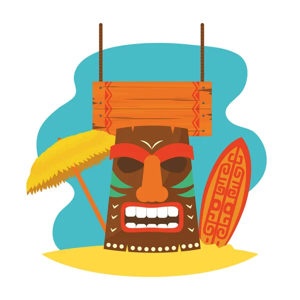 Maschera di tiki hawaiana con tavola da surf e ombrellone, design colorato — Vettoriale Stock
