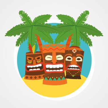 Hawaii tiki maskeleri ve tropikal palmiyeler, renkli tasarım.