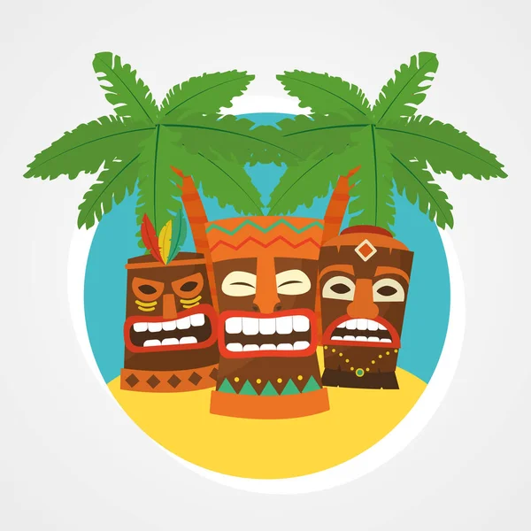 Hawaiian tiki masker och tropiska palmer, färgglada design — Stock vektor