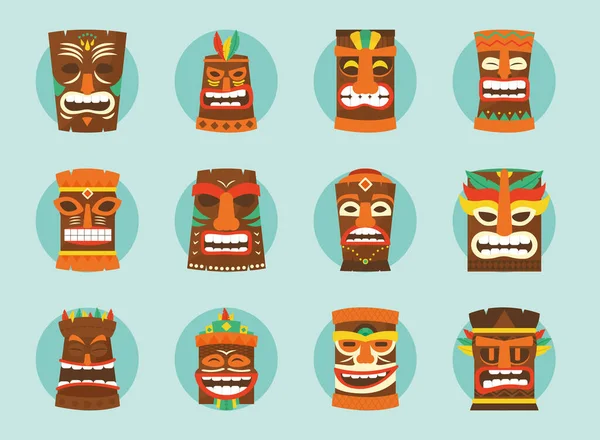 Гавайские маски tiki иконки набор, красочный дизайн — стоковый вектор