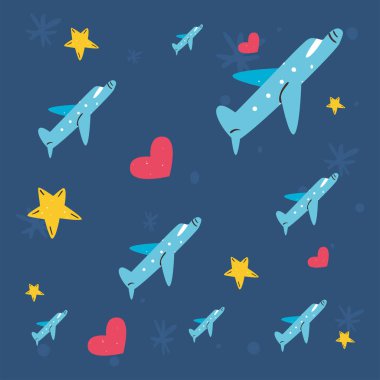 Yıldızlı ve kalpli uçaklar arka plan vektör tasarımı