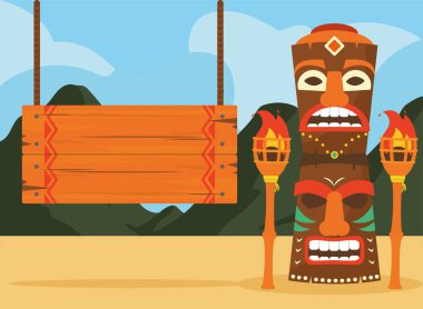 Hawaiian tiki cartoon with torches and wood banner vector design clipart