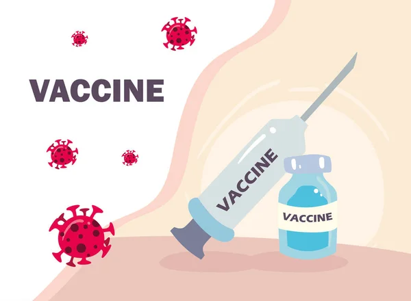Covid 19 virüs aşısı enjeksiyonu ve kavanoz vektör tasarımı — Stok Vektör